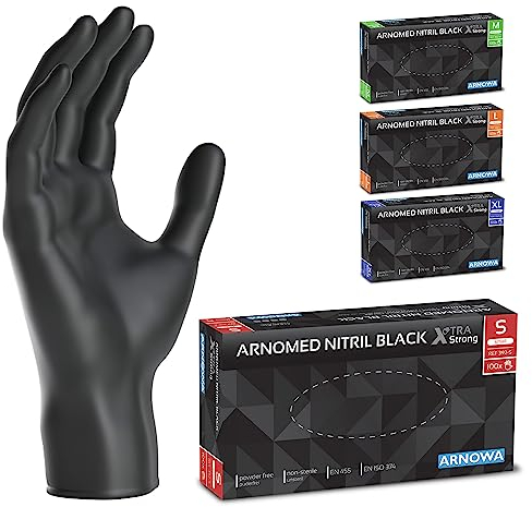 ARNOMED Gants jetables Noir Extra Fort, Gants nitrile taille S, 50% plus épais, 100 p./boîte, Gants jetables non poudrés, Gants en nitrile mecanique sans latex, gant jetable en tailles S, M, L & XL