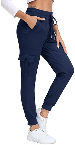 JINSHI Jogginghose Damen Cargo Warme Microfleece Lauf Trainingshose Winter Sweatpants Hohe Taille Freizeit Outdoorhose mit Großen Taschen Marineblau M