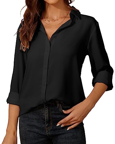 SPRING SEAON Camicetta da Donna, Elegante a Maniche Lunghe Camicia con Scollo a V,da Lavoro, con Bottoni, Tinta Unita da Chiffon Ufficio Casual