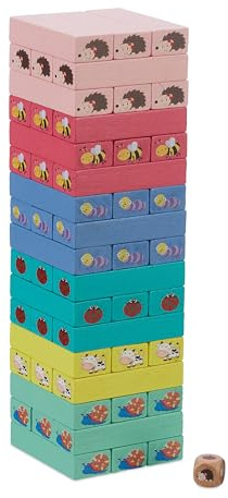 Relaxdays Juego Torre de Madera, 51 Bloques para Apilar con Dado, Diseño de Colores y Animales, 26x7,5x7,5cm, Multicolor