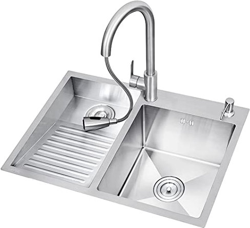 Silver Tvättpool Med Neddragbar Kran & Avloppssatser, Balkong Hushåll 304 Rostfritt Stål Tvättställ, Dubbel Skål Tvättställ Med Tvättbräda, Stort Tvättställ,80cm-Left