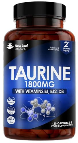 Taurine Supplement - High Strength 1800mg Capsules Enriched with Vitamins B1, B12 & Vitamin D3-120 Amino Acids Capsules - Vegetarian Made in The UK by New Leaf