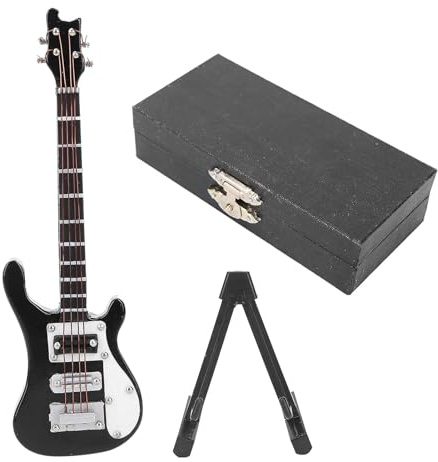 Chitarra elettrica in miniatura in legno con supporto e custodia, mini modello di chitarra in miniatura, ornamento per casa in miniatura per casa delle bambole (nero)