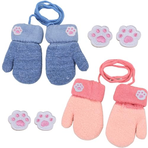 Set di 2 guanti da bambino con corda e 4 toppe in tessuto con zampe di gatto, guanti a maglia riscaldanti per 0-3 anni; con cordino anti-perdita per appendere al collo; guanti in maglia blu e rosso,