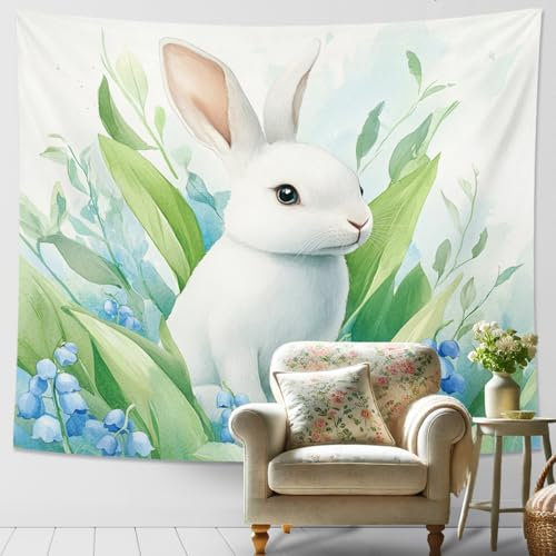 Hasenblatt-Wandteppich, Frühlingsblumen-Wandbehang, niedliche Hasen-Dekoration für Schlafzimmer, Wohnzimmer, ästhetische Heimdekoration, 203 x 152 cm