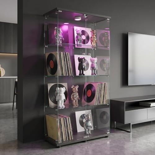 Gabinete de cristal LED, 164 x 80 x 36,5 cm, 2 puertas, 4 estantes, armario de colección para sala de estar, con cerradura LED