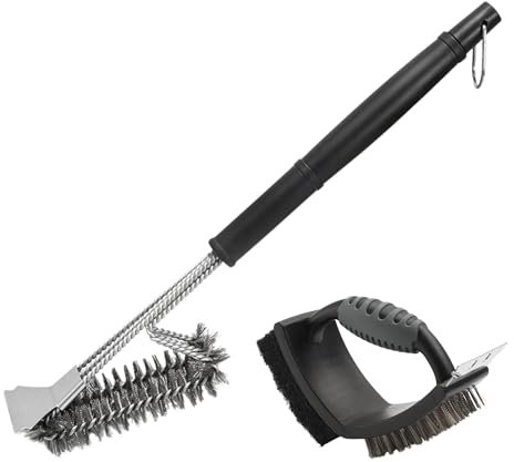 Cepillo de Limpieza para Barbacoa de Acero Inoxidable. Raspador para Parrilla con Mango de Aislamiento Térmico 44 cm Largo. Limpiador Inalámbrico con Cepillo 3 en 1 Extra de Regalo para Jardín