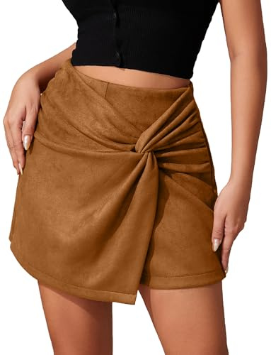 Ausing Mini Jupe en Daim Femme Jupe Courte Moulante Short Taille Haute Jupes Crayon Fendue Devant Sexy Jupes Froncée Extensible Élastique A Line Shorts Droite Fermeture Éclair Hiver Automne Kaki M