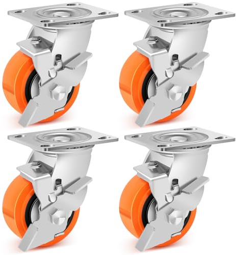 Humagineer 100mm Poliuretano Ruedas Para Muebles Pesados con Freno, Industriales Ruedas Giratorias Carga de 1100kg, Silencioso Y Resistente al Desgaste para Bancos de Trabajo, MáQuinas, Juego de 4