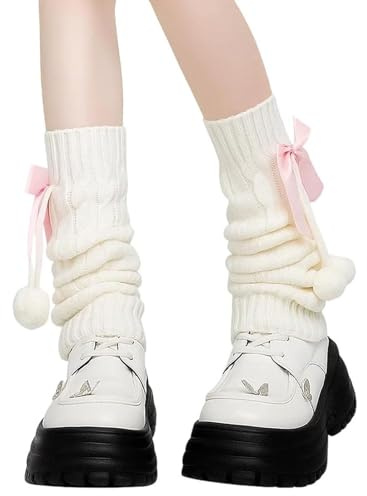 Fjquamitix Leg Warmers For Teen Girls Women Y2K Cute Bow & Furball Design Soft Knitted Long Lolita Kawaii Knee High Socks Stretchy Boot Cuffs For Cosplay Daily Dance Parties (Pink Bow, One Size)