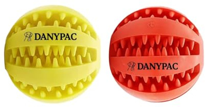 DANYPAC Pelotas de Goma para Perros, 7 cm - Juguete de Goma Resistente, Pelotas Interactivas Masticable, Limpieza Dental, Pack de 2 (Rojo Amarillo, 7 cm)