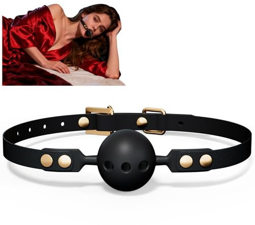 Premium Leather BDSM Restraints Ball Gag Mouth Plug, 3 Breathing Holes Silicone Bondage Ball Gag for Sex, BDSM Restraints Toys Sex Gag Muzzles (Black)
