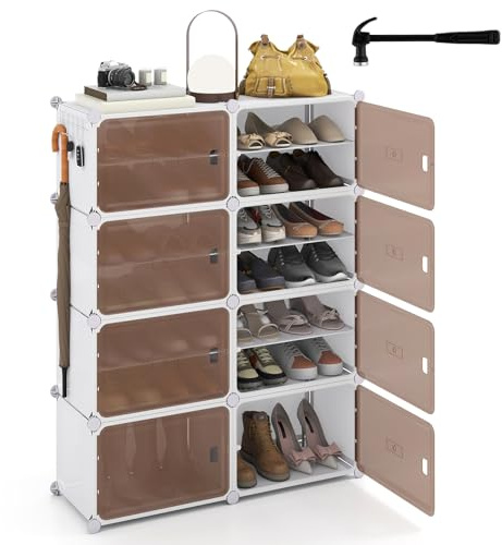 GIANTEX Scarpiera in Plastica a 8/10 Ripiani, Scaffale Componibile per 32/40Paia di Scarpe, Armadietto per Scarpe Salvaspazio con Pannelli Rimovibili e Porte Trasparenti (8 quadrati)