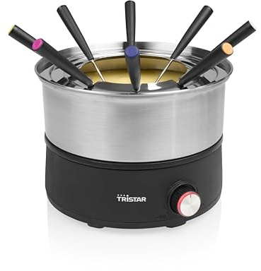 Tristar Set Fonduta Elettrico, Pentola in Acciaio Inox 1,5 L, 8 Forchette, Funzione 2-in-1 Crepes, Parti Lavabili in Lavastoviglie, Senza PFAS, FO-1110