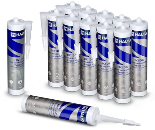 HAUSA High-Tack Montagekleber 12x 290ml extrem starker Alleskleber für Metall Stein Holz Spiegel elastischer MS Polymer Konstruktionskleber HK1000 für Innen Außen nasse trockene Oberfläche weiß
