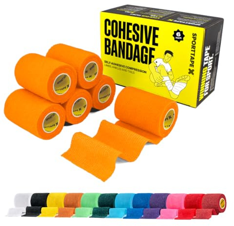 SPORTTAPE 6 Rolls Self-Adhesive Cohesive Bandage, 7.5cm x 4.5m, Orange | Compression & Vet Wrap for Dogs, Horses, Sports Stretch Tape for Football, Ankles, Joints, Fingers, Wrists & Sock Tape