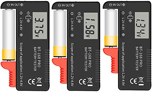 Digital LCD Battery Tester Checker Universal Battery Tester Monitor for AA AAA 1.5V 3.7V or 1.2~4.8V 9V Batteries,Household Battery Life Level Testers Power Meter (168PRO*3)