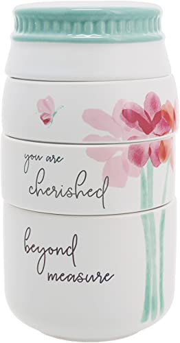 Pavilion Gift Company - Cherished Beyond Measure - 6-inch Stackable Ceramic Kitchen Measuring Cup (¼, ⅓, ½, 1 Cup), Rustic, Antique, Farmhouse Design For Kitchen, Mason Jar Measuring Cup, Cream