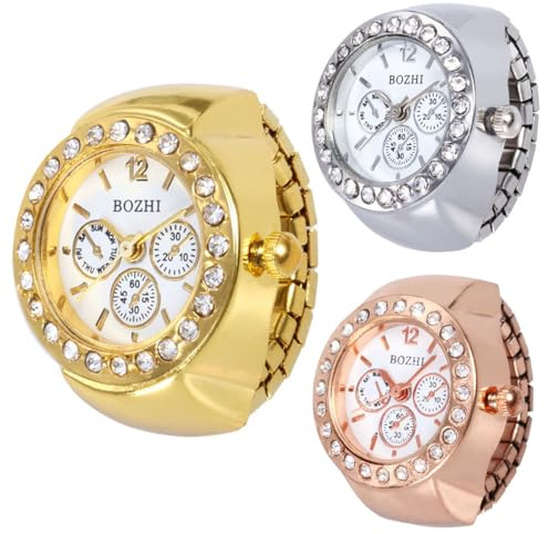 CdyBox Women Elegant Finger Watch with Diamonds Round Quartz Analog Ring Watch for Men 3 Pack