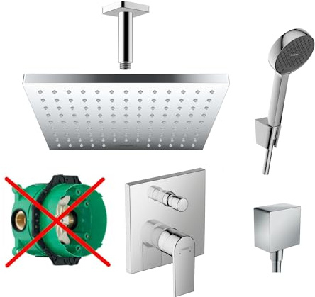 Hansgrohe Duschsystem mit Unterputz Duscharmatur von Hansgrohe Regendusche mit Armatur, Duschkopf eckig, Deckenarm Dusch-SET HGK02-ob poliert