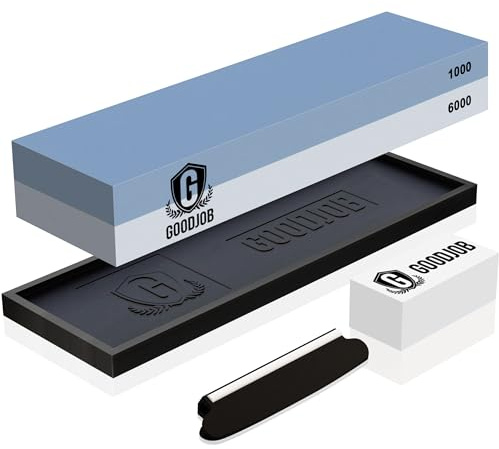 Knife Sharpening Stone Kit - Goodjob Premium Japanese Whetstone Knife Sharpener Stone Set - Dual Grit 1000/6000 Water Stones with Non-Slip Silicone Base, Angle Guide, Flattening Stones