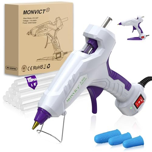 MONVICT Full Size Hot Glue Gun with 60/100W and On/Off Switch, Dual Temp Heavy Duty Industrial Hot Melt Glue Gun with 15 Hot Glue Sticks (7/16) and 3 Finger Protectors for Craft, DIY and Repairs