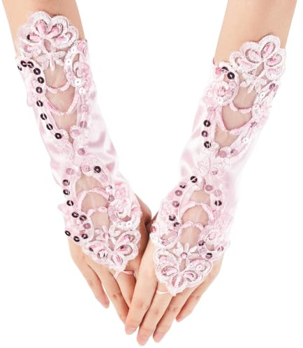 GORGECRAFT 2 pz. Guanti Lunghi Senza Dita in Pizzo 28cm Paillettes Lolita Guanti da Sposa Abito da Sposa Guanti Opera 1920s Festa Paillette Ricamo Floreale Guanto Ballo per Cosplay Rosa