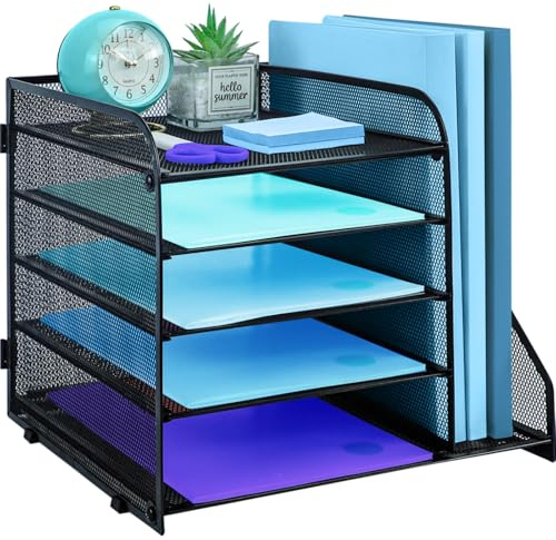 TSDRBWO 5 Tier Desk Organiser with File Holder, Pull-out Mesh File Organizer for Letter Tray Mesh Desk Organiser Tray Paper Storage Rack for A4 Office Supplie, Black