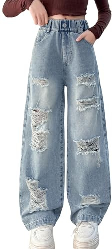 Maeau Girls Jeans Wide Leg Denim Pants Ripped Baggy High Waisted with Pockets Teen Casual Kids Blue 10-11 Years