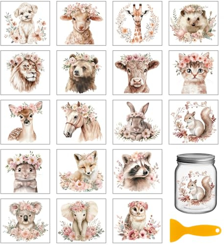 GLOBLELAND 18 Blatt Vintage Tiere Rub-on-Transfer-Aufkleber 3.9×3.6 | 3,9×3,6 Zoll Tiere Floral UV DTF Becherumschläge Abziehbilder Transfer-Aufkleber für Bastelarbeiten Flasche Glas