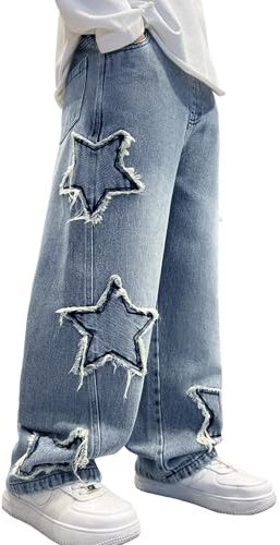 Happy Cherry - Pantalones vaqueros holgados para niños, con bolsillos, cintura elástica, pierna ancha, estilo vintage, 5-14 años, 11-12 años