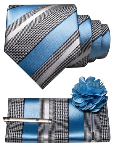 JEMYGINS Juego de corbatas para hombre, pañuelo de bolsillo, clip de corbata, diseño de rayas, diseño de lunares, para negocios, oficina, boda, multicolor, azul claro, M
