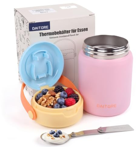 Daitore termobehållare för mat 480 ml, rostfritt stål varmhållningsbehållare med sked, värmebehållare termoskål med lock, termisk lunchlåda för lunch, soppor, gröt, babygröt, rosa