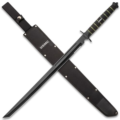 USMC Blackout Combat Tanto Schwert mit Nylonscheide, AUS-6 Edelstahl-Tanto-Klinge, gummierter spritzgegossener Griff, strukturierter Griff, 69 cm Länge, Battle Gear Ready