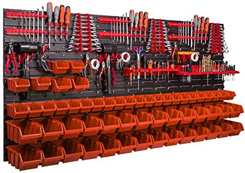 Werkstattregal Wandregal 1728 x 780 mm Stapelboxen rot schwarz Werkzeughalter Sichtlagerkästen Regalsystem (56 Boxen orange)