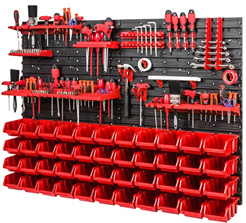 PAFEN Lagersystem Werkstattregal - 1152 mm x 780 mm - Wandregal mit 44 Stück Rot Stapelboxen und Werkzeughalter - Schüttenregal Wandplatten Extra Starke System