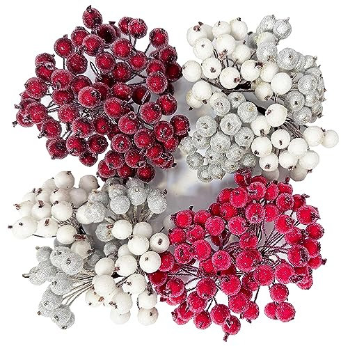 Joakaui 320 Pcs 4 Colors Holly Berries, Mini Frosted Berry Artificial Berries for Christmas Wreath Garland Making, Frosted Fruit Berry Flower Decor for Tree Table Decoration