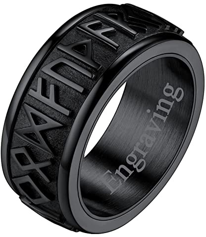 FaithHeart Anillo Vikingo Nórdico Hombre Anillo Negro Personalizado Giratorio Anti-estrés Anillo Runas Acero Inoxidable 316L Joyería Gótica Anillo Punk Ancho Talla 11