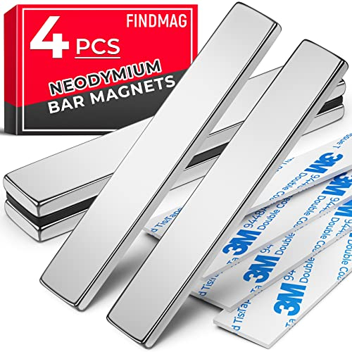 FINDMAG Strong Magnet, 4 Pack 60 x 10 x 3 mm Neodymium Magnets, Magnetic Strips, Bar Magnet, Permanent Rare Earth Magnets with Double-Sided Adhesive, Bar for Fridge Crafts, Tools, Wall, Board