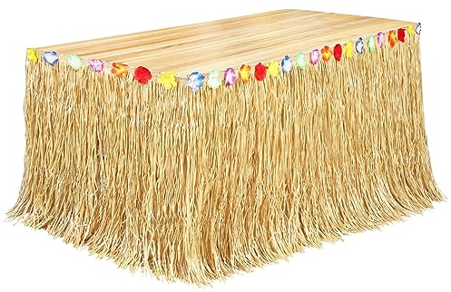 Fovths Luau - Jupe de Table en Herbe Naturelle de 2,7 m x 75 cm - Jupe de Table hawaïenne pour décorations de fête Tropicale hawaïenne - Jaune Paille