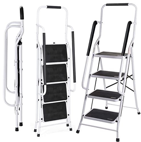 Escabeau 4 marches, Escabeau Portable avec Barre d’Appui Capacité de 150 kg, Marche Pied Pliant, Échelle Antidérapante, Robuste et Large, Escabeau en Acier, Multi-Usage pour Ménage et Bureau