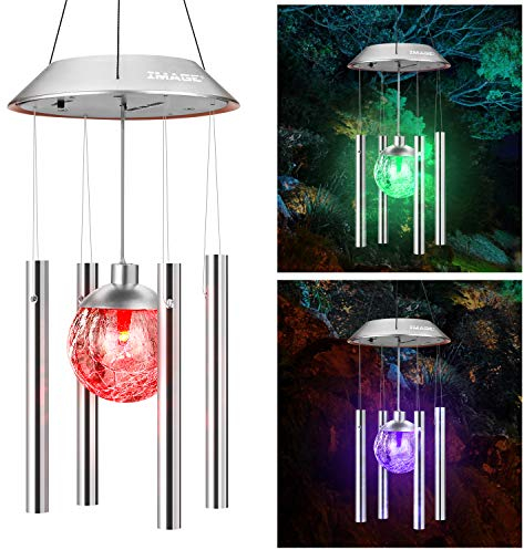 IMAGE Solar Wind Chime Outdoor Hanging Lights Crackle Glass Ball Color Changing Lights with Metal Tube for Garden Patio Yard Home Decor Gifts for Mom Women