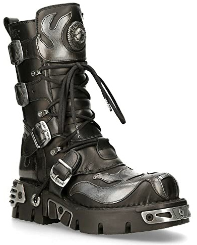 New Rock Unisex Silver Metallic Skull Devil Goth Punk Leather Calf Boots