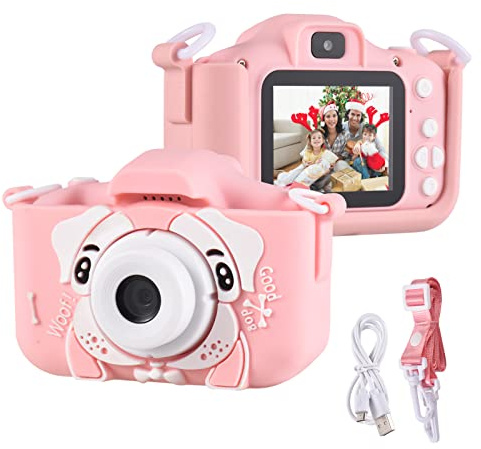 Andoer Digitalkamera för barn, 1080P, 2,0 tum barnkamera, kamera för barn med rem, idealiska gåvor för barn i åldrarna 3-10 år, Hund-Rosa