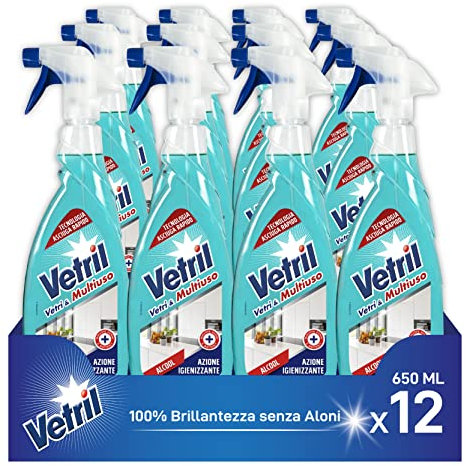 Vetril - Spray Igienizzante Vetri e Superfici, rimuove i Cattivi Odori, Tecnologia asciuga rapido, in Ecoflacone, 650 ml x 12 pezzi