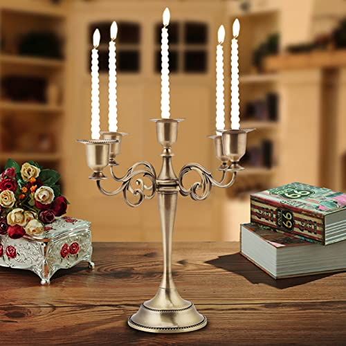 MOUMOUTEN Portacandele in Metallo, Candelabro in Lega a 5 Bracci Candeliere in Stile Europeo, Portacandele Antico per la Decorazione Domestica della Festa Nuziale (Argento)(Mio)