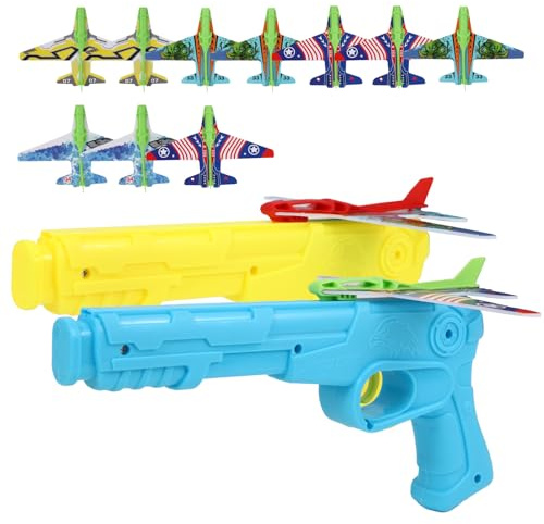 Manmel 12 Pack Airplane Launcher Toys for Kids, 2 Launchers and 10 Foam Glider, Indoor Outdoor Flying Toys for Boys Girls 4-8 Years Old, Plane Party Favors Birthday Gifts for Toddlers