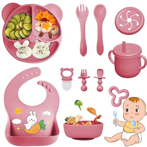 Bizcasa Coffret Repas Bebe 11 pièces, Vaisselle Antiderapant pour Bébé Set Silicone avec Ventouse Assiette Bol Fourche Cuillère Bavoir et Tasse, Assiette Enfant Set, Sans BPA (Rose foncé)