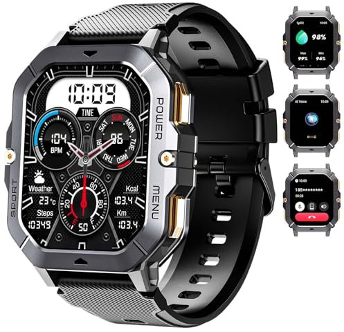 OUKITEL BT101 Military Smart Watch for Men, 2.02”AMOLED HD Screen, Outdoor Sports Smartwatch with Bluetooth Calls, Fitness Watch, Heart Rate & Sleep Monitor/Blood Oxygen for Android iOS (Black)