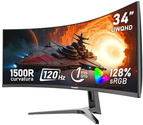 Gawfolk Écran PC Ultra Large 34 Pouces 1500R incurvé 120Hz Gaming Computer Moniteur,21:9 UWQHD(3440x1440)，128% sRGB，FreeSync，HDR，178 ° Angle Vue，DisplayPort、HDMI，VESA 75 * 75MM-Noir